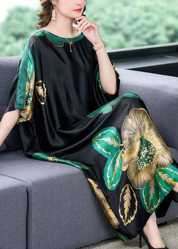 Loose Black O Neck Print Patchwork Silk Dresses Batwing Sleeve - Image 4
