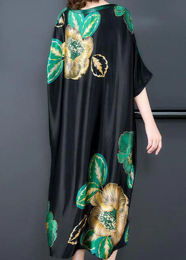 Loose Black O Neck Print Patchwork Silk Dresses Batwing Sleeve - Image 5