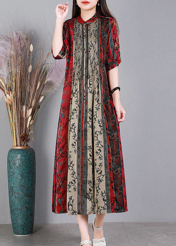 Loose Black O-Neck Print Patchwork Wrinkled Silk Party Dress Short Sleeve - Image 2