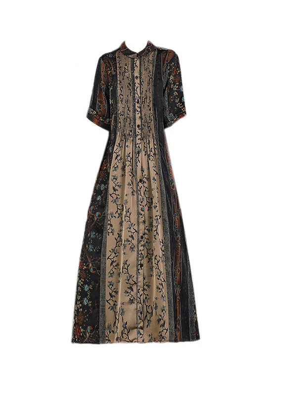 Loose Black O-Neck Print Patchwork Wrinkled Silk Party Dress Short Sleeve - Image 5