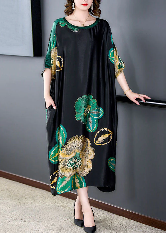 Loose Black O Neck Print Pockets Patchwork Silk Dresses Summer - Image 2