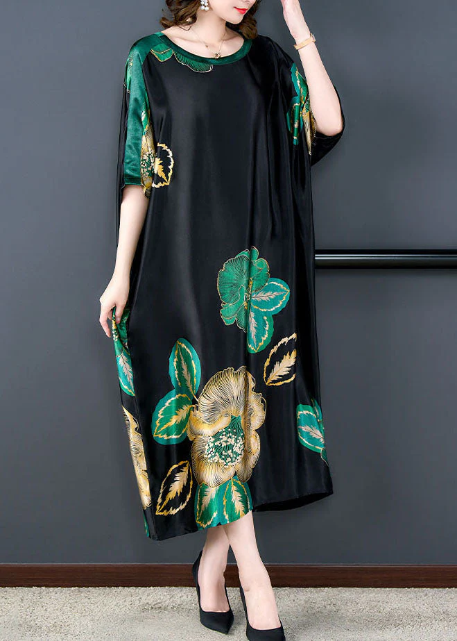 Loose Black O Neck Print Pockets Patchwork Silk Dresses Summer - Image 3