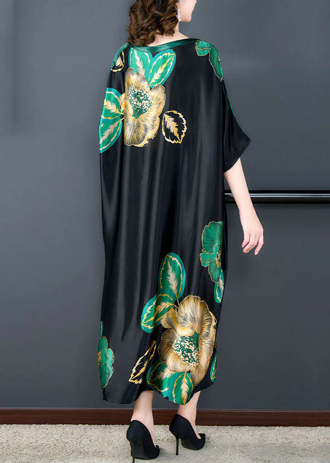 Loose Black O Neck Print Pockets Patchwork Silk Dresses Summer - Image 4