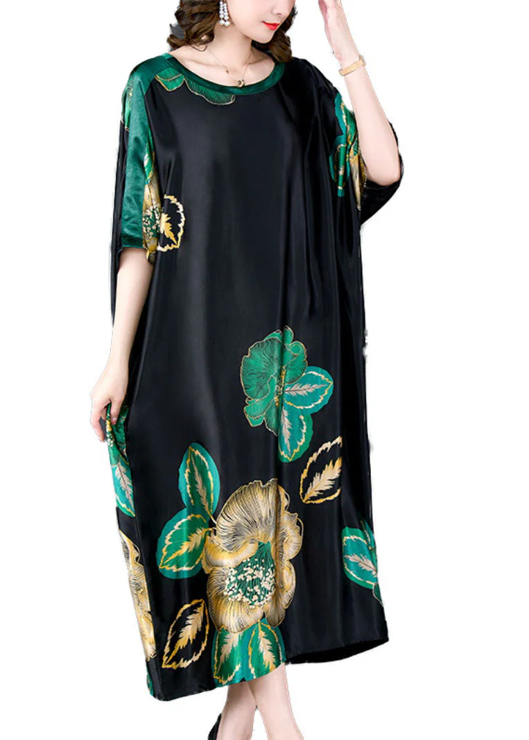 Loose Black O Neck Print Pockets Patchwork Silk Dresses Summer - Image 5