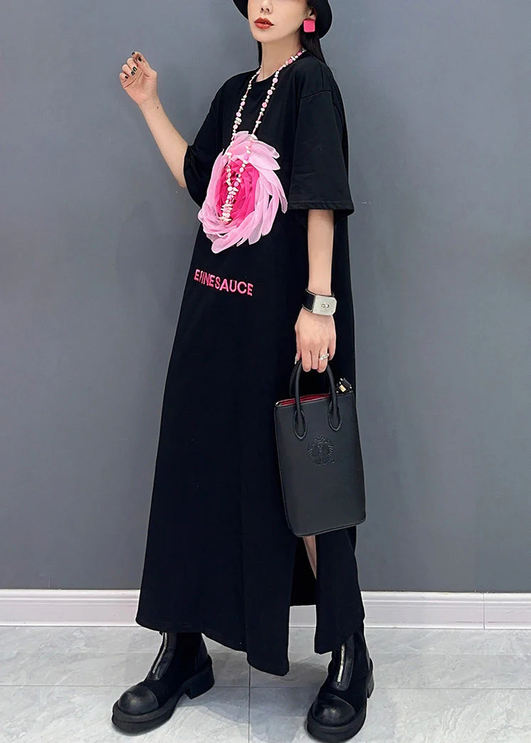 Loose Black O Neck Print Side Open Cotton T Shirt Dresses Summer - Image 5