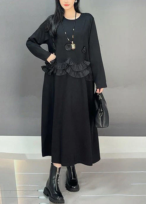 Loose Black O-Neck Ruffled Patchwork Cotton Long Dresses Spring - Image 2