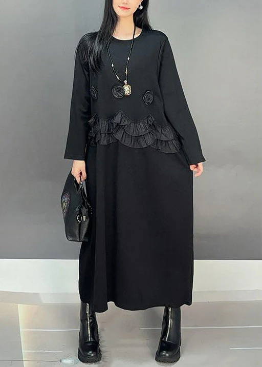 Loose Black O-Neck Ruffled Patchwork Cotton Long Dresses Spring - Image 3