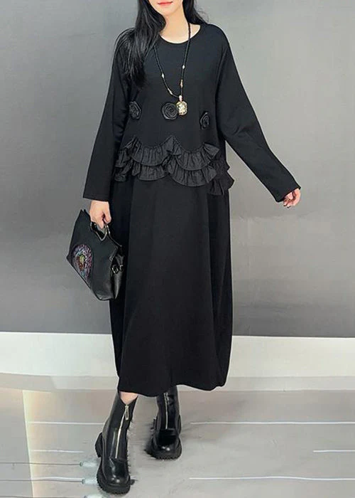Loose Black O-Neck Ruffled Patchwork Cotton Long Dresses Spring - Image 4