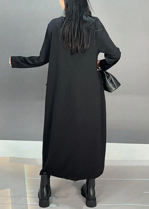 Loose Black O-Neck Ruffled Patchwork Cotton Long Dresses Spring - Image 5