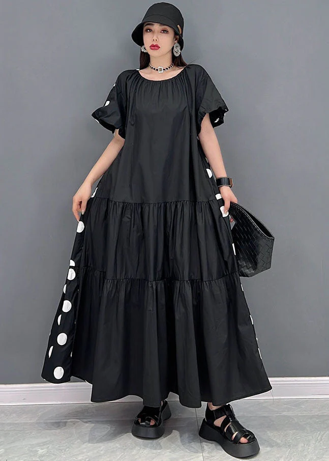 Loose Black O-Neck Wrinkled Wear On Both Sides Cotton Long Dress Short Sleeve - Image 2
