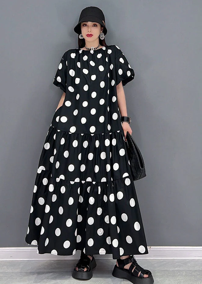 Loose Black O-Neck Wrinkled Wear On Both Sides Cotton Long Dress Short Sleeve - Image 3
