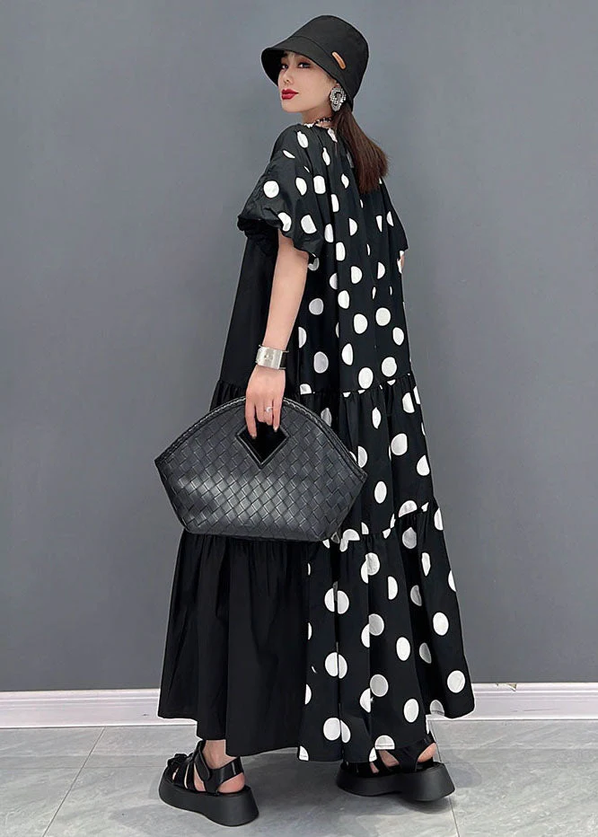 Loose Black O-Neck Wrinkled Wear On Both Sides Cotton Long Dress Short Sleeve - Image 4