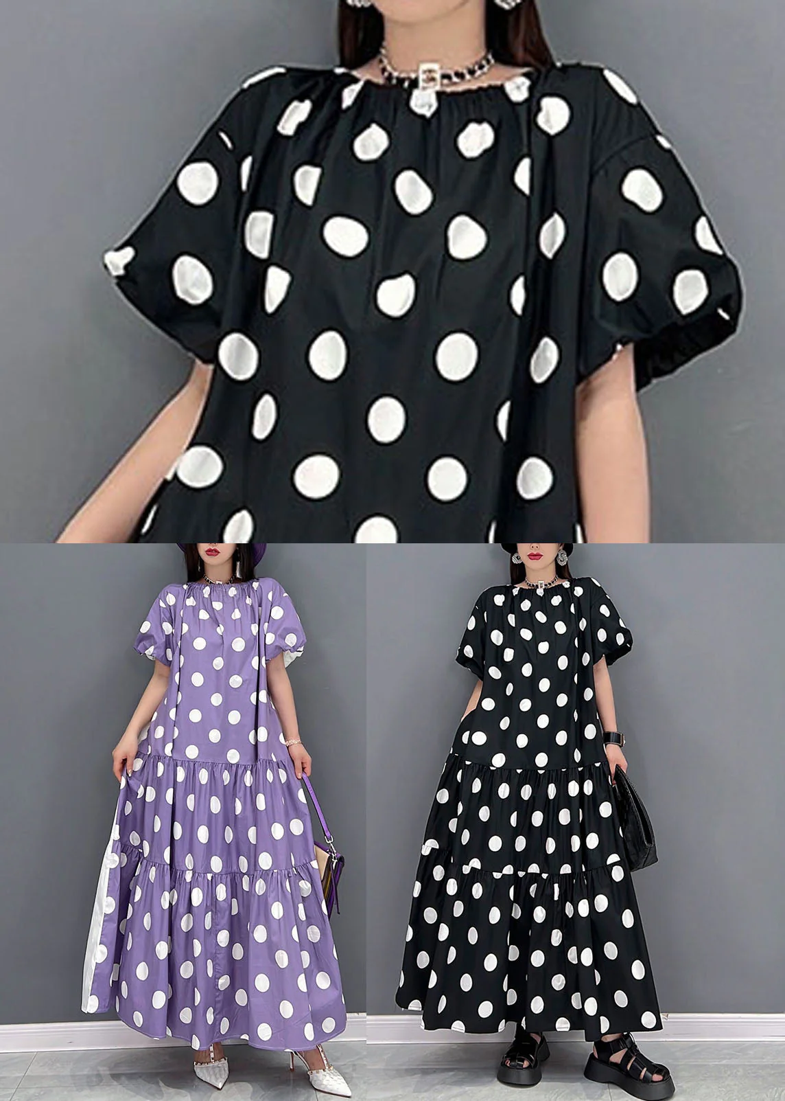 Loose Black O-Neck Wrinkled Wear On Both Sides Cotton Long Dress Short Sleeve - Image 5