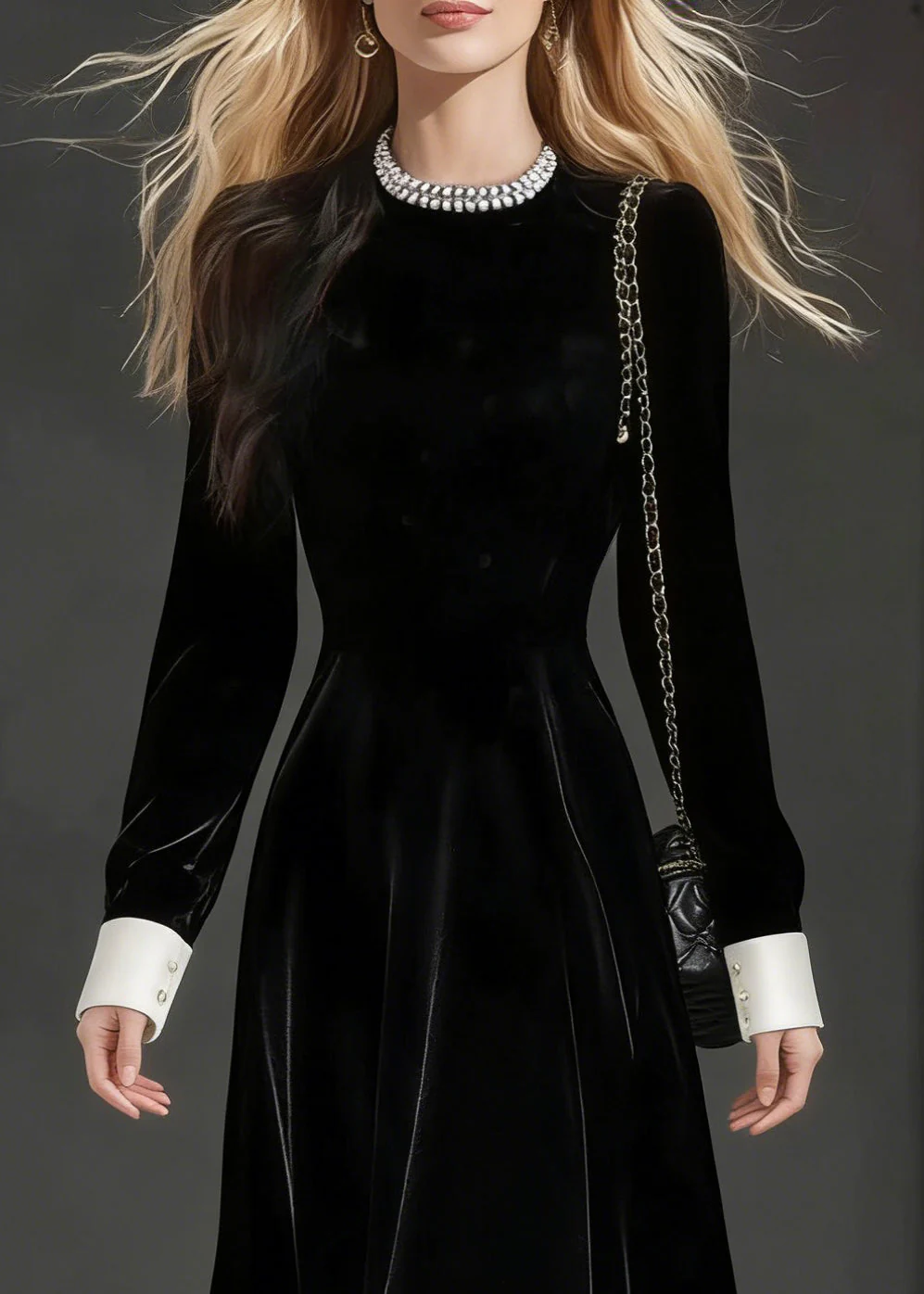 Loose Black O-Neck Zircon Silk Velvet Party Dress Spring - Image 2