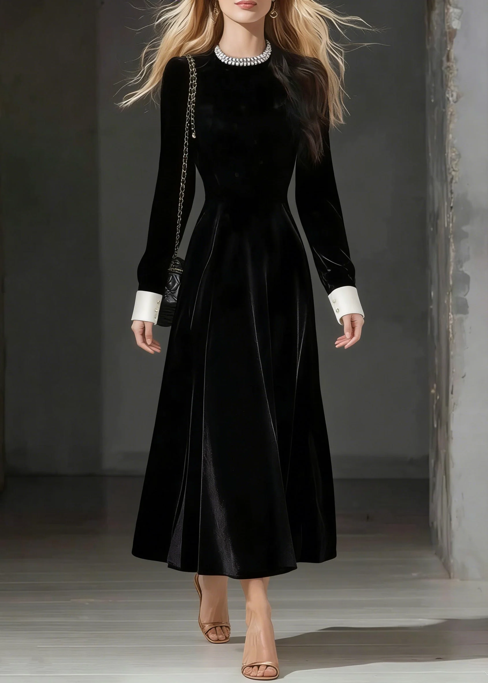 Loose Black O-Neck Zircon Silk Velvet Party Dress Spring - Image 3
