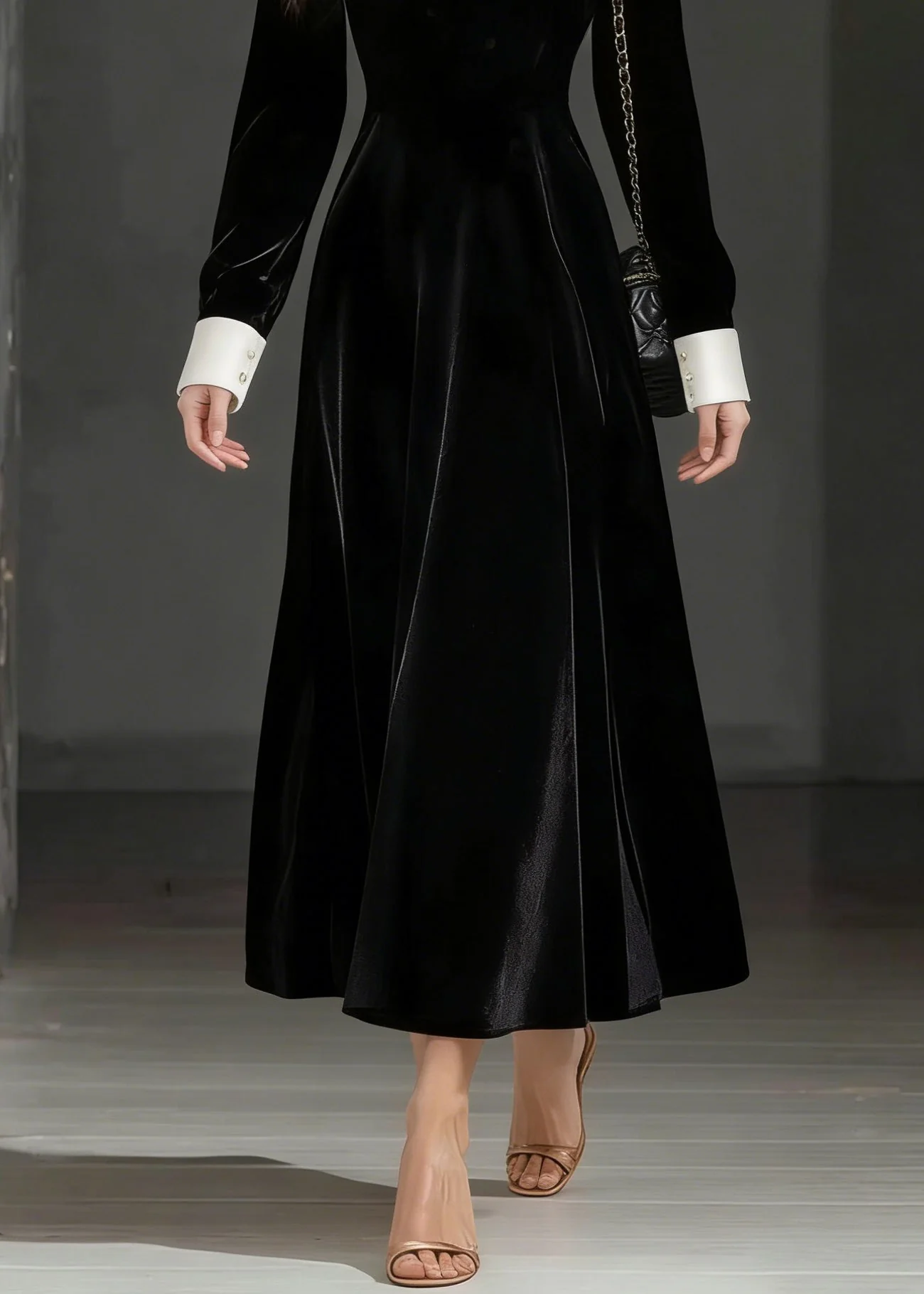 Loose Black O-Neck Zircon Silk Velvet Party Dress Spring - Image 4