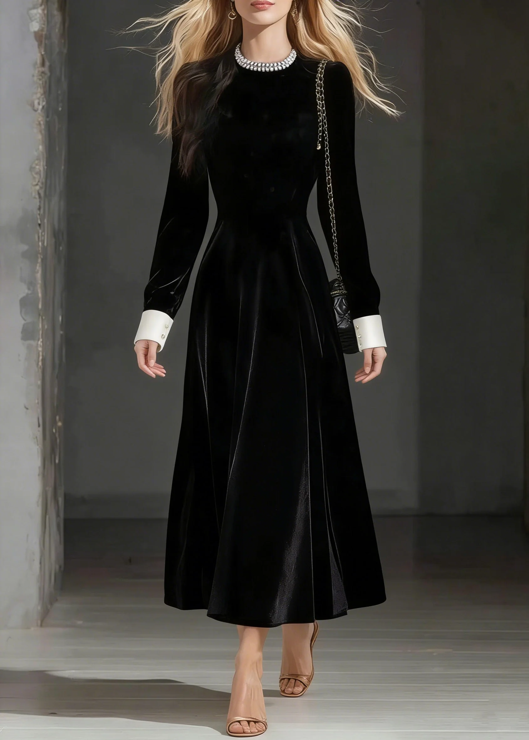 Loose Black O-Neck Zircon Silk Velvet Party Dress Spring - Image 5