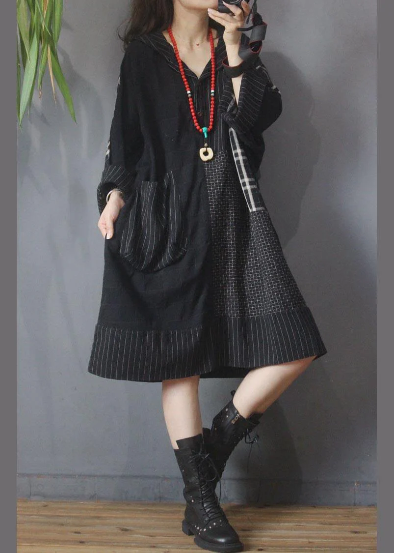 Loose Black Patchwork Cotton Dress hooded Cotton Linen Summer Mid Dress - Image 2