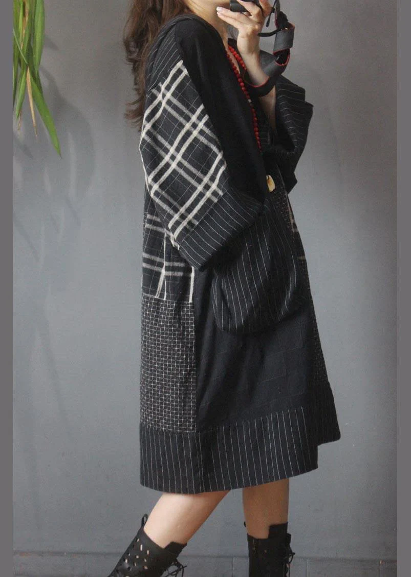 Loose Black Patchwork Cotton Dress hooded Cotton Linen Summer Mid Dress - Image 4