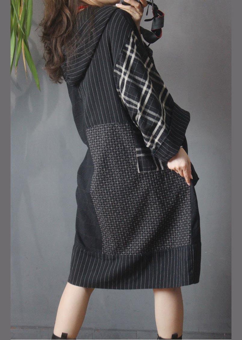 Loose Black Patchwork Cotton Dress hooded Cotton Linen Summer Mid Dress - Image 5
