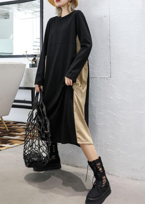 Loose black patchwork khaki cotton outfit o neck cotton fall Dresses - Image 2