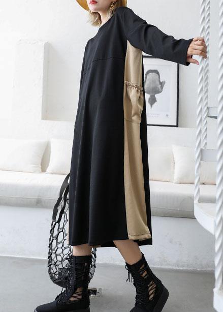 Loose black patchwork khaki cotton outfit o neck cotton fall Dresses - Image 3