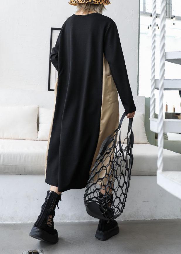 Loose black patchwork khaki cotton outfit o neck cotton fall Dresses - Image 4