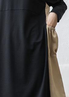 Loose black patchwork khaki cotton outfit o neck cotton fall Dresses - Image 5
