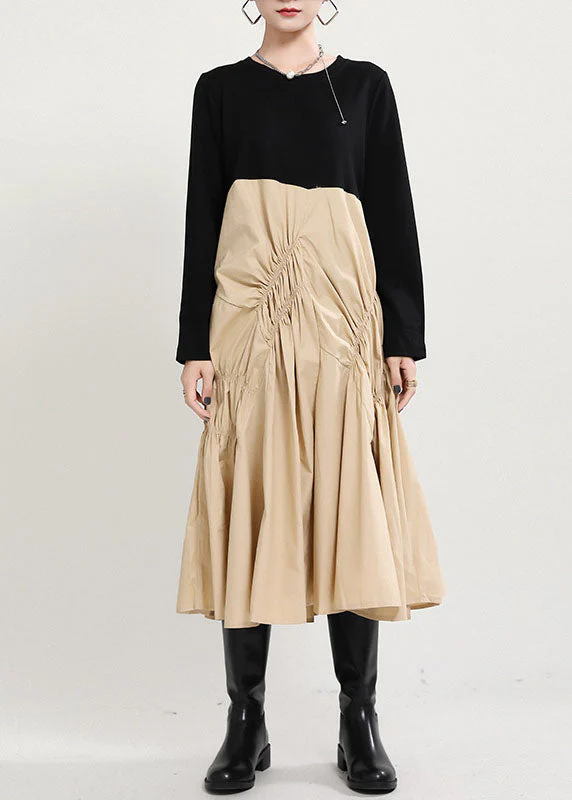 Loose Black Patchwork Khaki wrinkled Fall Maxi Dress Long sleeve - Image 2