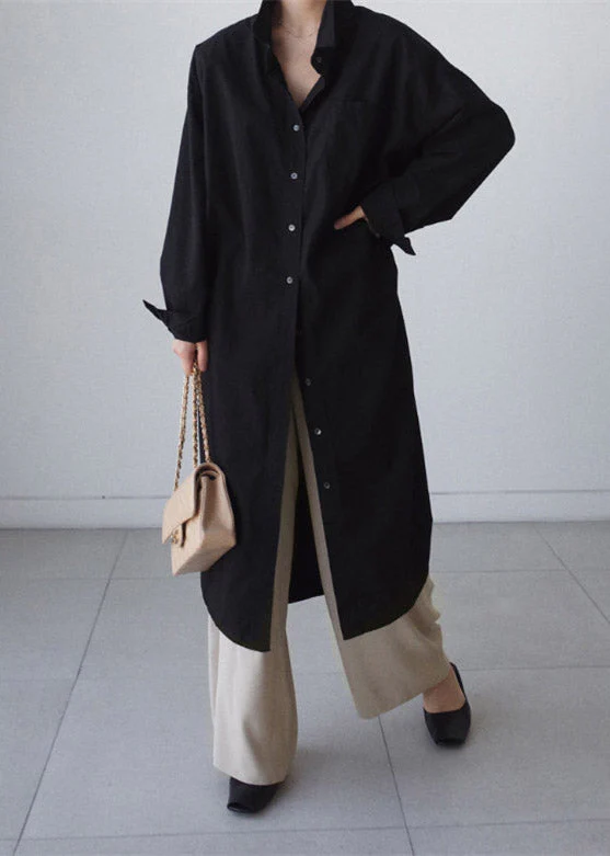 Loose Black Peter Pan Collar Button Cotton Dress Long Sleeve - Image 3