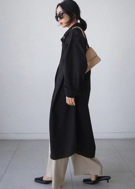Loose Black Peter Pan Collar Button Cotton Dress Long Sleeve - Image 4