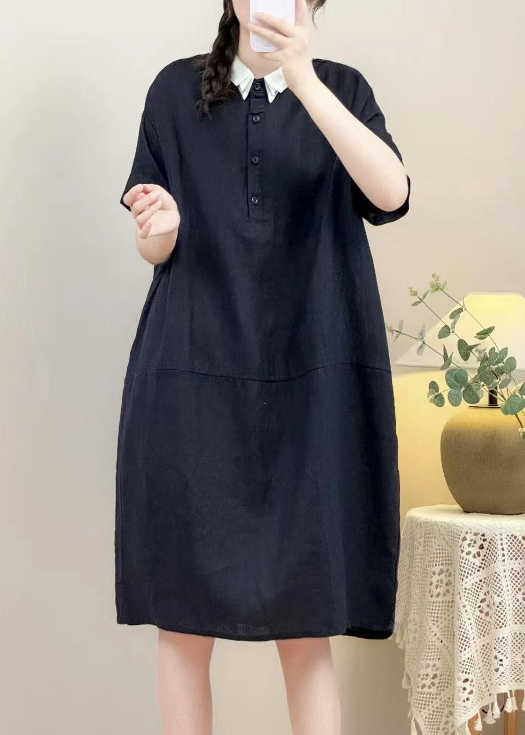 Loose Black Peter Pan Collar Button Patchwork Linen Cotton Dress Summer - Image 5