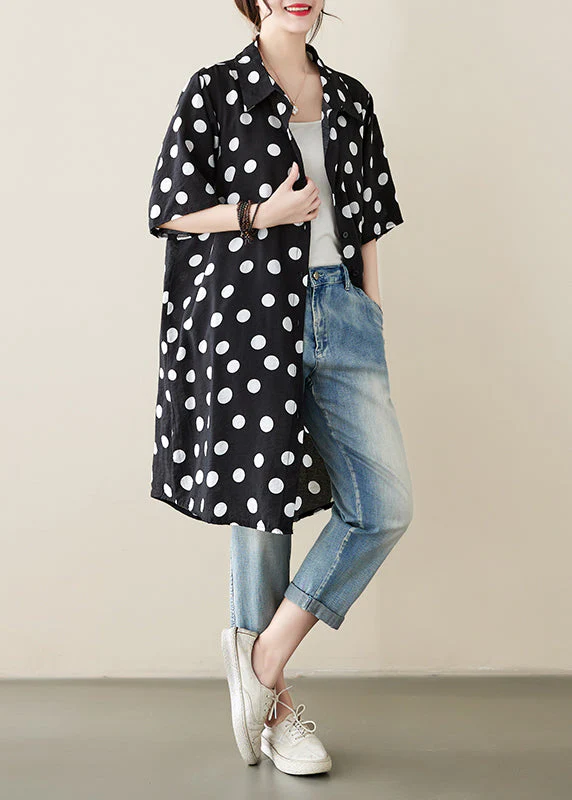 Loose Black Peter Pan Collar Dot Print Cotton Shirts Dress Summer - Image 2