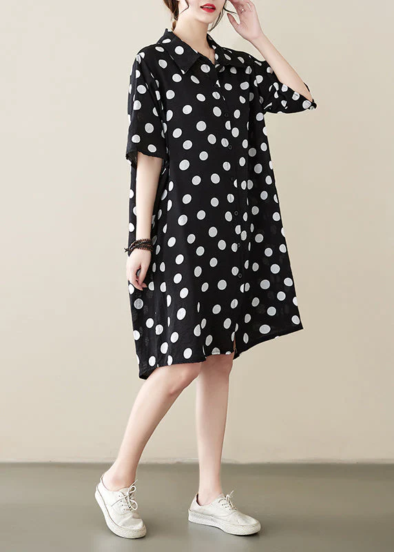 Loose Black Peter Pan Collar Dot Print Cotton Shirts Dress Summer - Image 3