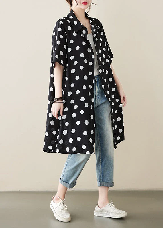 Loose Black Peter Pan Collar Dot Print Cotton Shirts Dress Summer - Image 4
