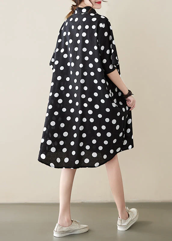 Loose Black Peter Pan Collar Dot Print Cotton Shirts Dress Summer - Image 5
