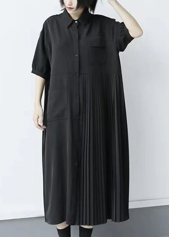 Loose Black Peter Pan Collar Patchwork Button Long Pleated Dresses Short Sleeve - Image 2