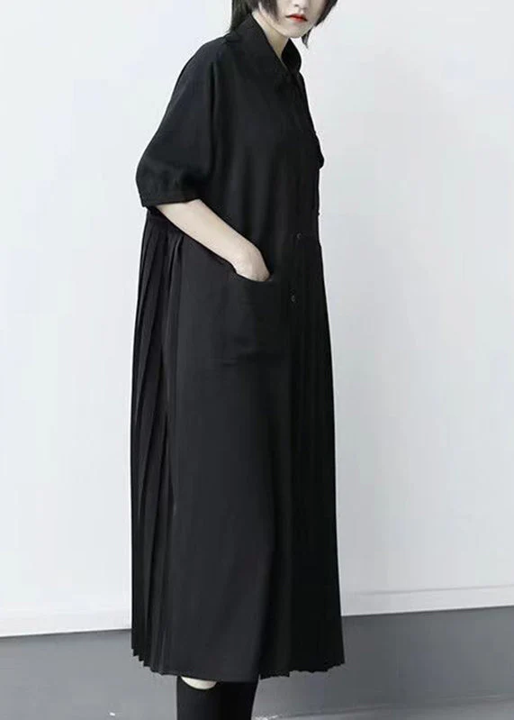 Loose Black Peter Pan Collar Patchwork Button Long Pleated Dresses Short Sleeve - Image 3