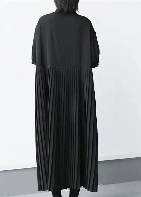 Loose Black Peter Pan Collar Patchwork Button Long Pleated Dresses Short Sleeve - Image 4