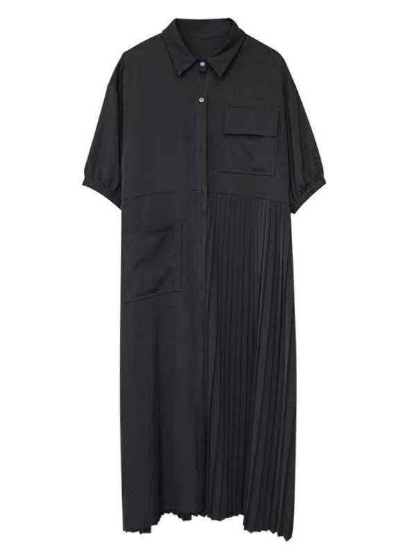 Loose Black Peter Pan Collar Patchwork Button Long Pleated Dresses Short Sleeve - Image 5