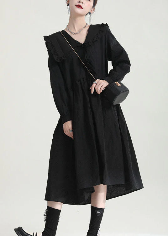 Loose Black Peter Pan Collar Ruffled Dresses Spring - Image 2