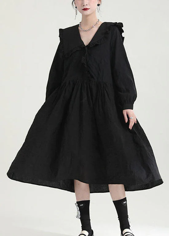 Loose Black Peter Pan Collar Ruffled Dresses Spring - Image 3