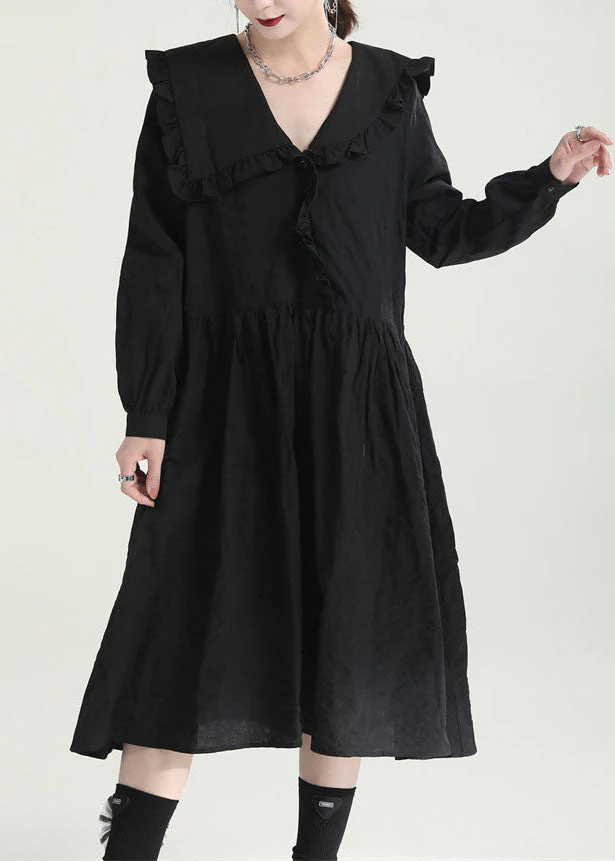 Loose Black Peter Pan Collar Ruffled Dresses Spring - Image 4