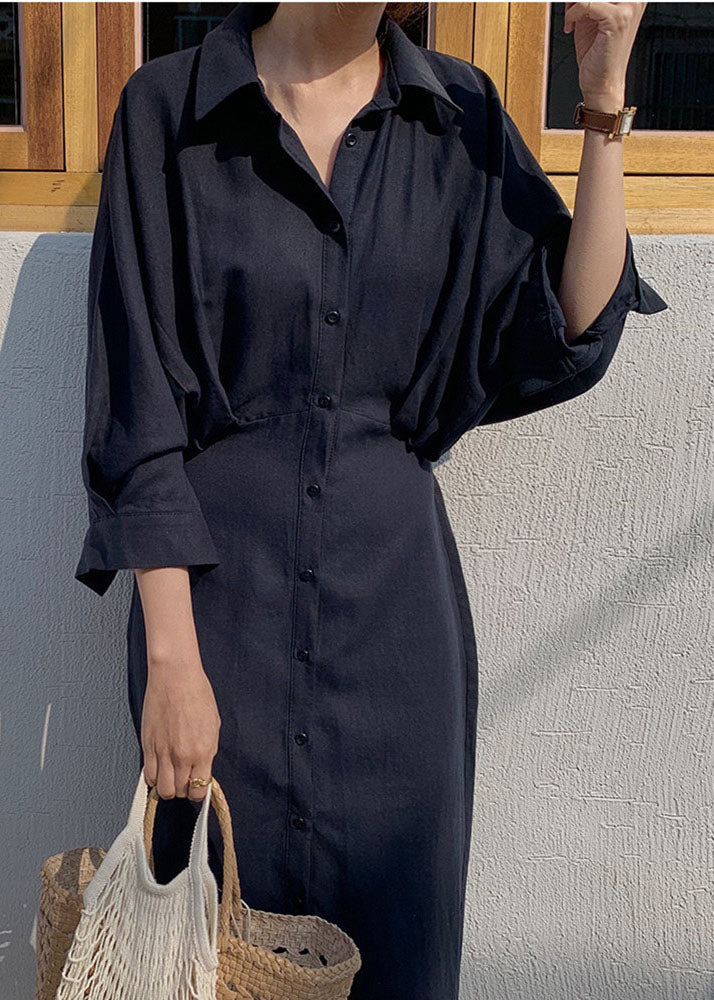 Loose Black Peter Pan Collar Tie Waist Cotton Shirt Dresses Spring - Image 2