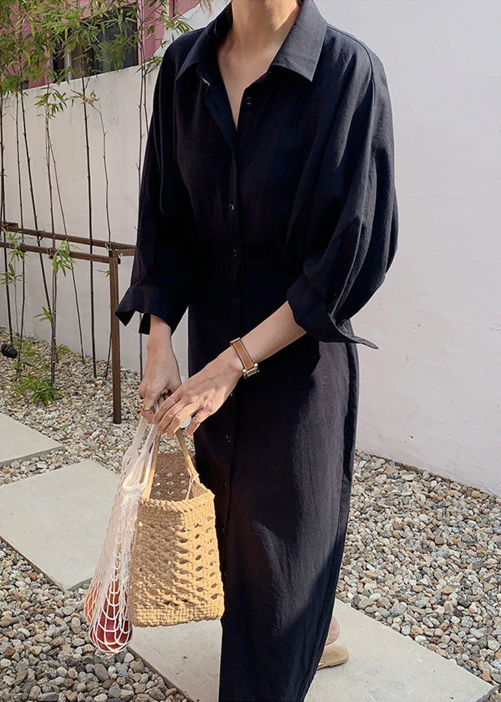 Loose Black Peter Pan Collar Tie Waist Cotton Shirt Dresses Spring - Image 3