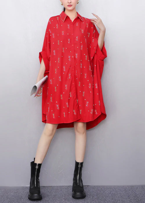 Loose Black Peter Pan Collar Zircon Cotton Shirts Dress Batwing Sleeve - Image 2