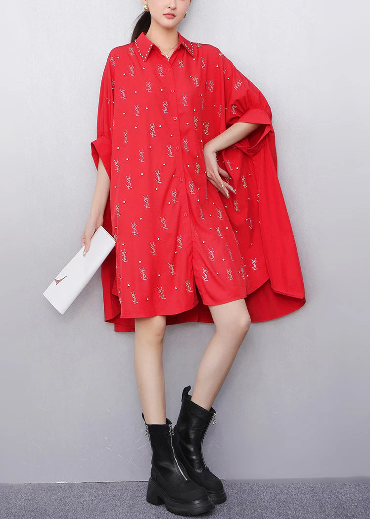 Loose Black Peter Pan Collar Zircon Cotton Shirts Dress Batwing Sleeve - Image 3