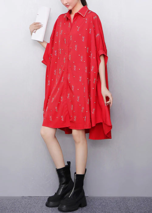 Loose Black Peter Pan Collar Zircon Cotton Shirts Dress Batwing Sleeve - Image 4