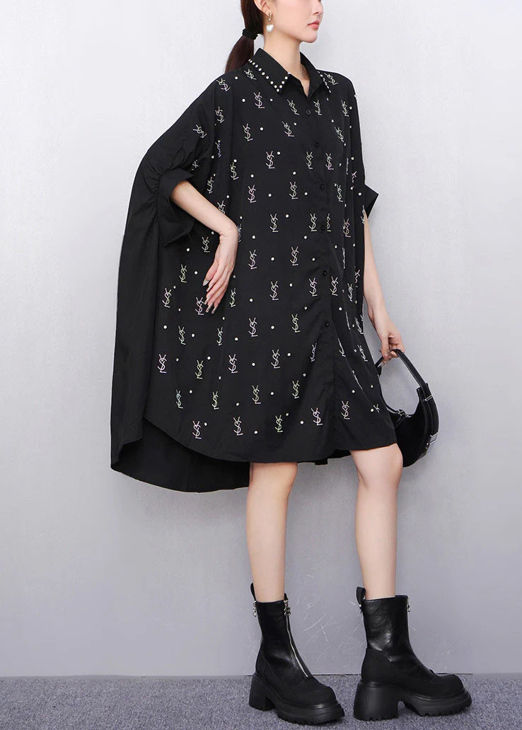 Loose Black Peter Pan Collar Zircon Cotton Shirts Dress Batwing Sleeve - Image 5