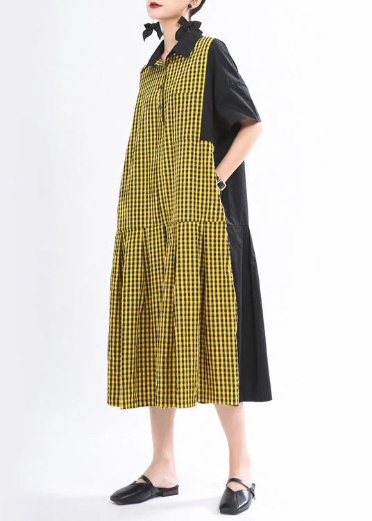 Loose Black Plaid Patchwork Button Fall Dress Half Sleeve - Image 2